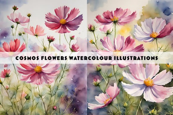 Cosmos Flowers Watercolour Duo: A Creative Asset for Modern Design