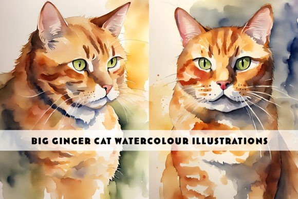 Fat Ginger Cat Watercolour Illustrations for Creative Projects