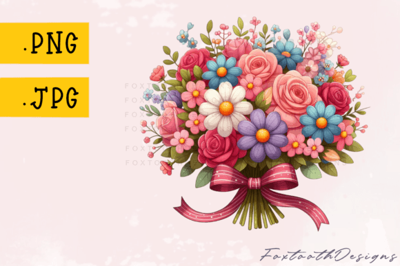 Multi Color Bouquet of Flowers with Bow: A Vibrant Clipart Asset